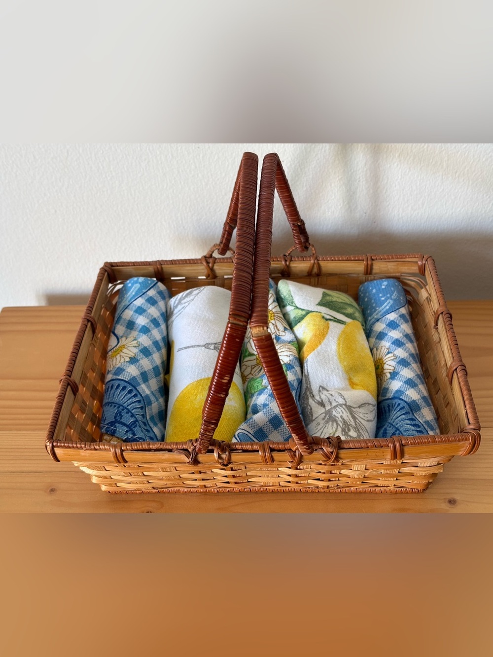 Cottagecore Wicker Gathering Basket Set – Includes Lemon & Blue Gingham Linens